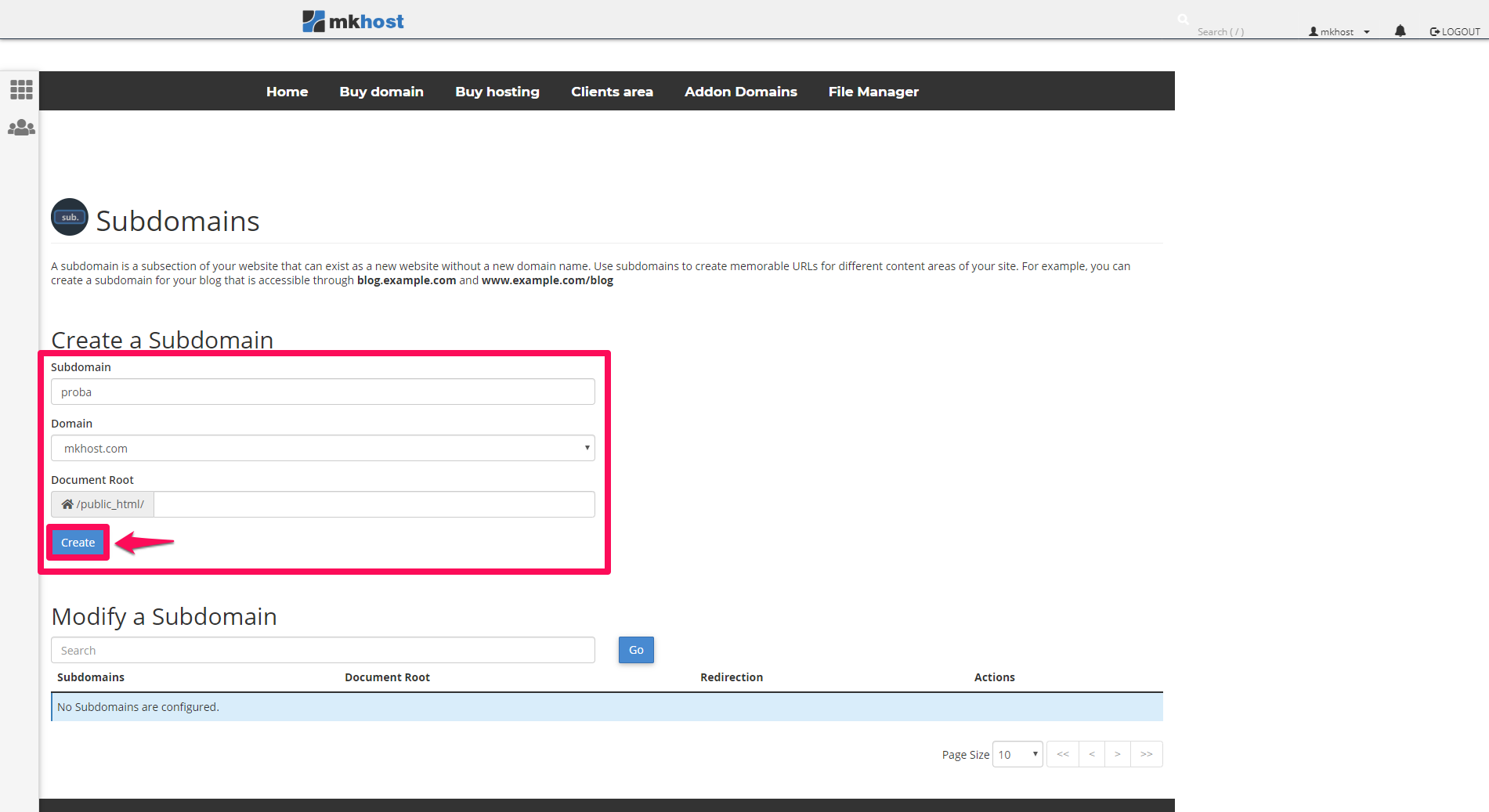 create a subdomain